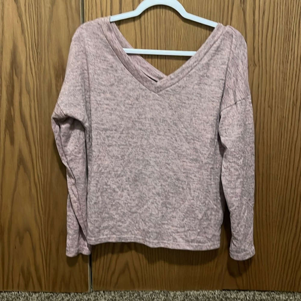 Pink Marled V Neck Long Sleeve